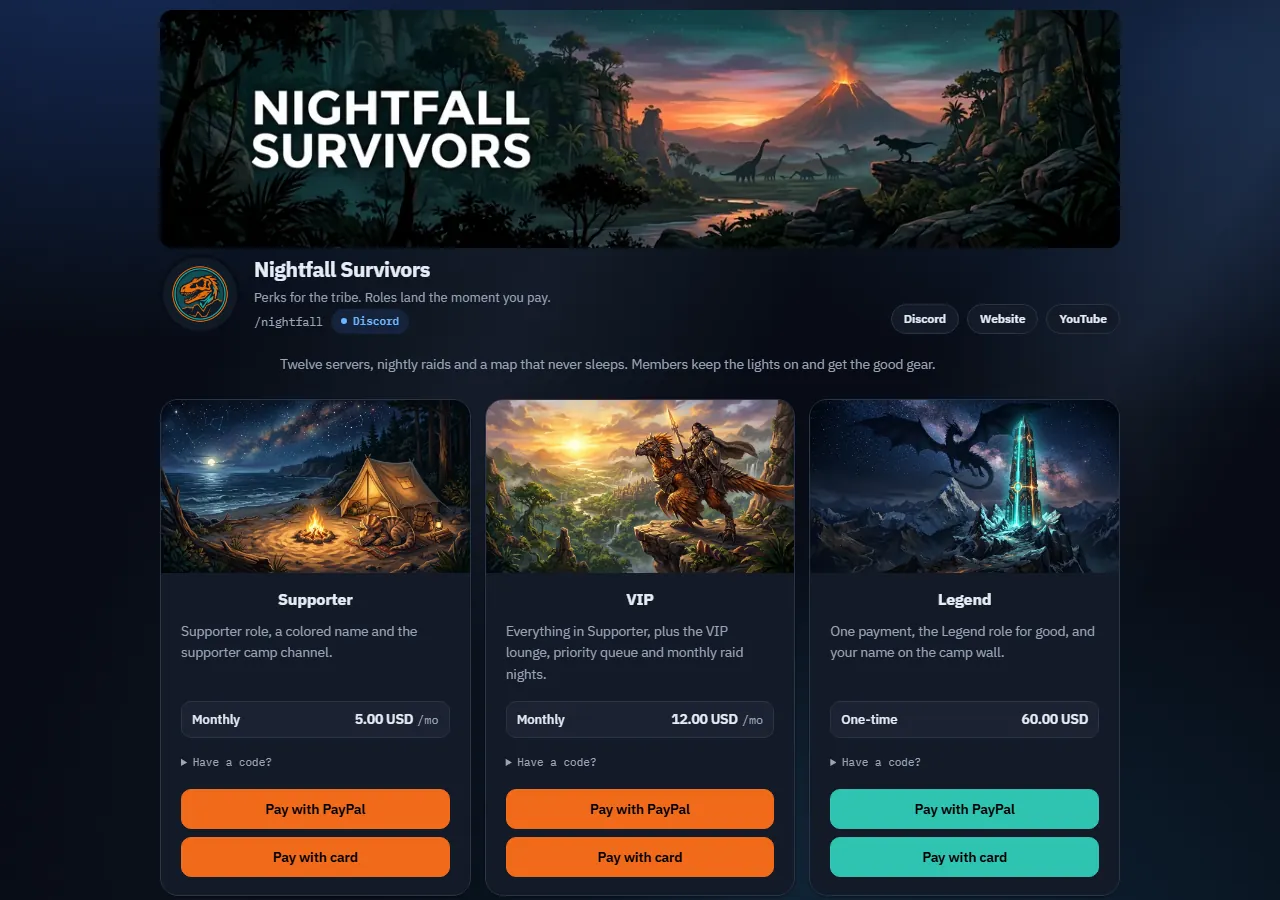 An example storefront page listing three membership tiers with their monthly and one time prices.